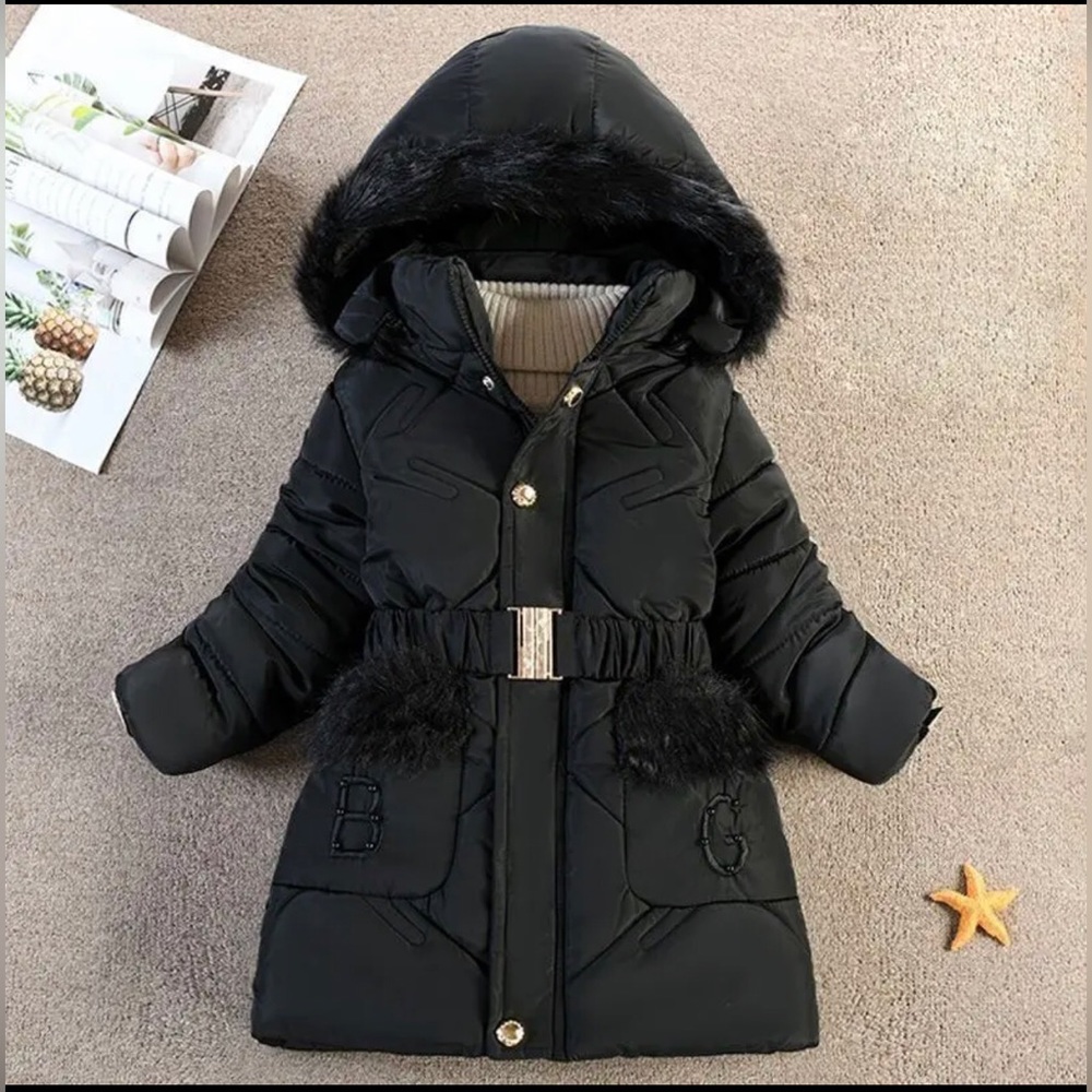 Winter Christmas girl gift padded jacket removable hood thick coat+belt overcoat